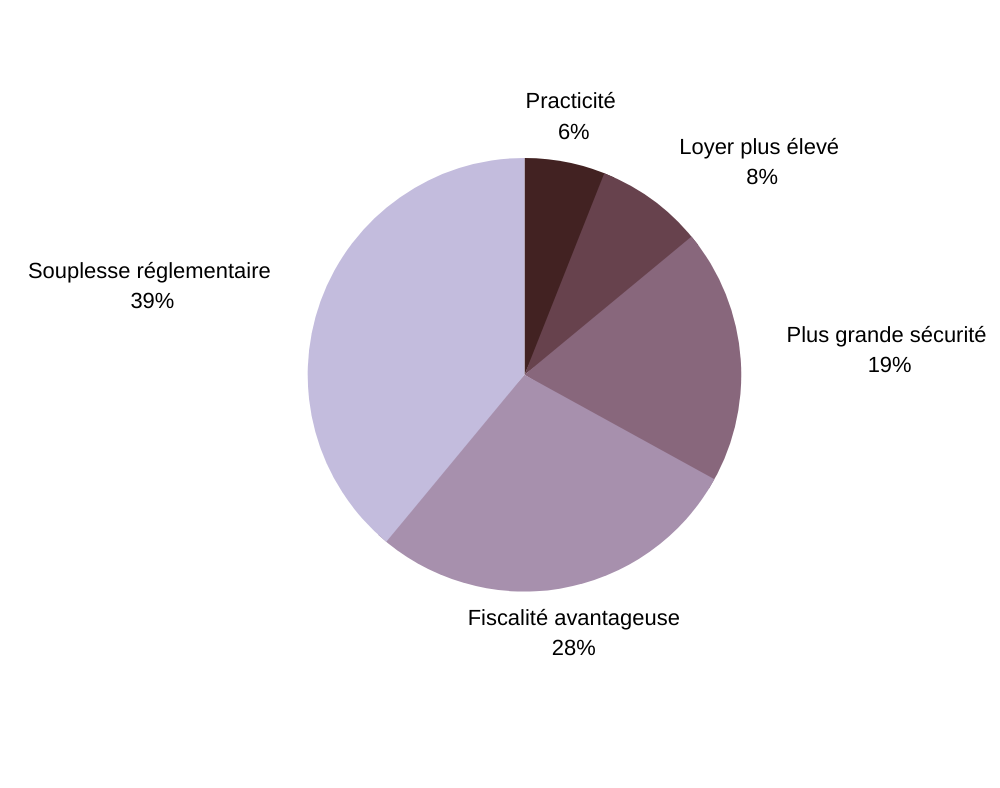 Schéma de justification des raisons de la location meublée : 39% : souplesse réglementaire 28% : Fiscalité avantageuse 19% : Plus grande sécurité 8% : Loyer plus élevé 6% : Practicité